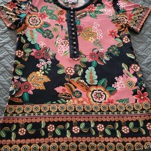 Johnny Was Floral Black and Pink Jersey Top